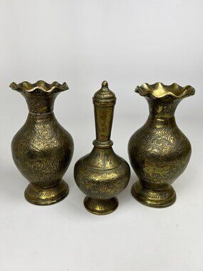 BOHO 3 pieces: Brass Vase and Oil Vessel, Etched Dog & Figure, Vintage India